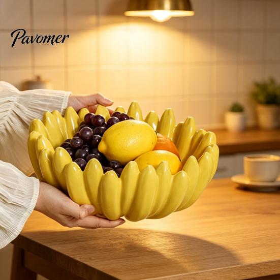 Kitchen Countertop Organizer Ceramic Banana Fruit Bowl, Hand-Painted Stable Base Decorative Snack Unique Housewarming Gift Tray, Large Capacity