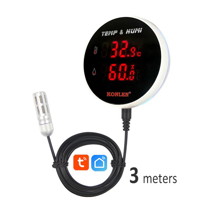 KONLEN WiFi Thermometer Hygrometer with 3m External Probe Tuya Smart Sensor Digital Display & Remote Alarm Temperature Humidity 3 meters probe cable