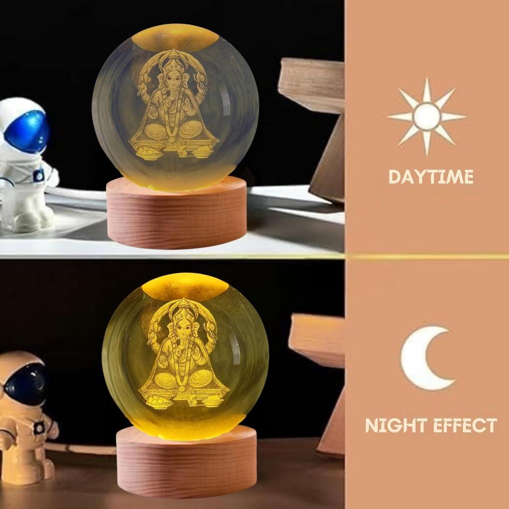 Crystal Ball Night Lamp – Engraved Ganesh Ji LED Light, USB-Powered Table Lamp with Wooden Base, Romantic Home & Office Décor, Bedroom, Anniversary