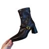 Cowhide Version~ Square Head High Heel Thin Boots Women's Thick Heel Retro Rear Zipper Leather Short Boots Elastic Fashion Boots