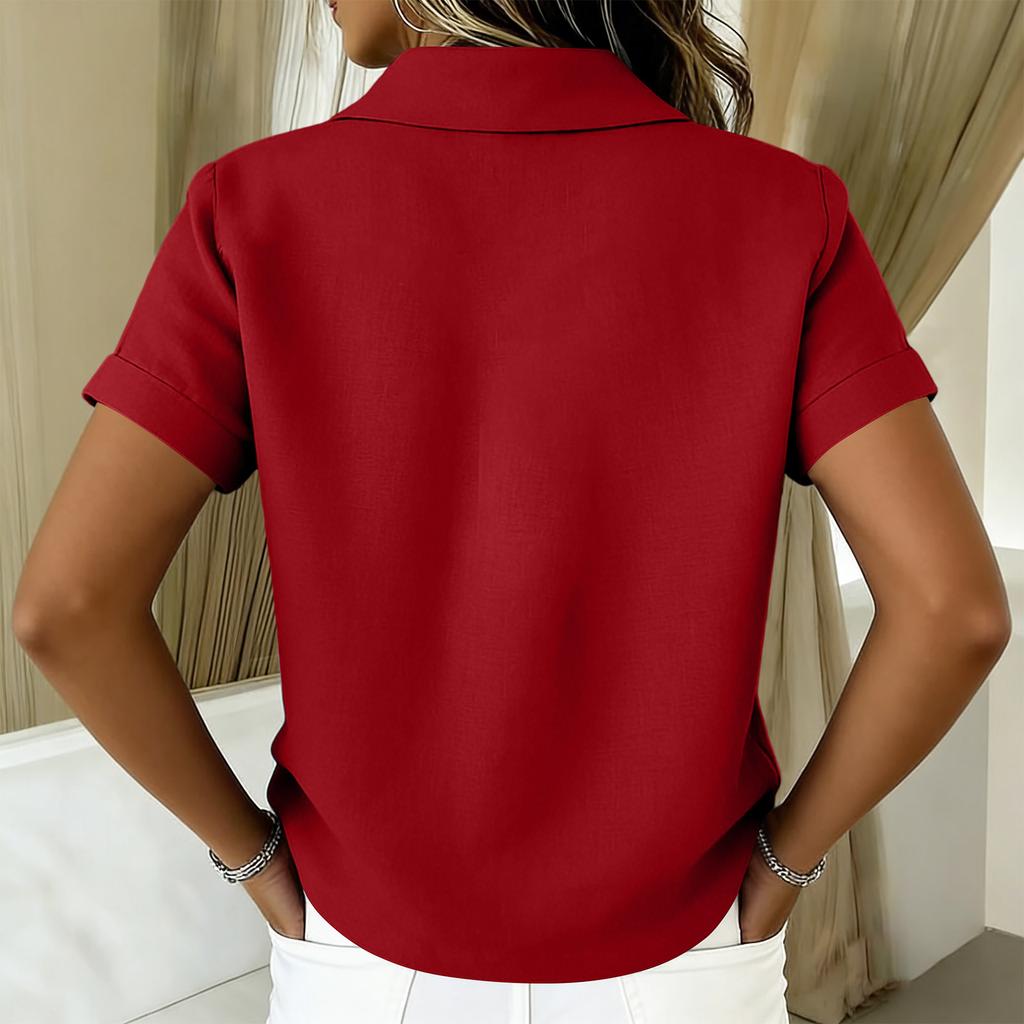 Ladies' Fashionable Casual Button Cotton Linen Short Sleeved Shirt Top