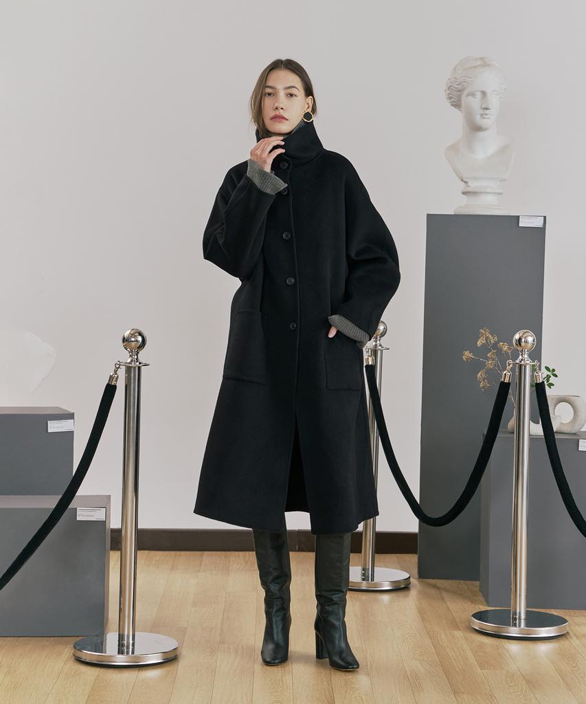 Pinblack Wool Handmade High-Neck Long Coat Black