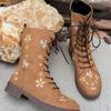 Woman Ankle Boots Retro Embroidery Spring Autumn Shoes Women Casual Thick Low Heel Side Zip Western Round Head Fashion Botines