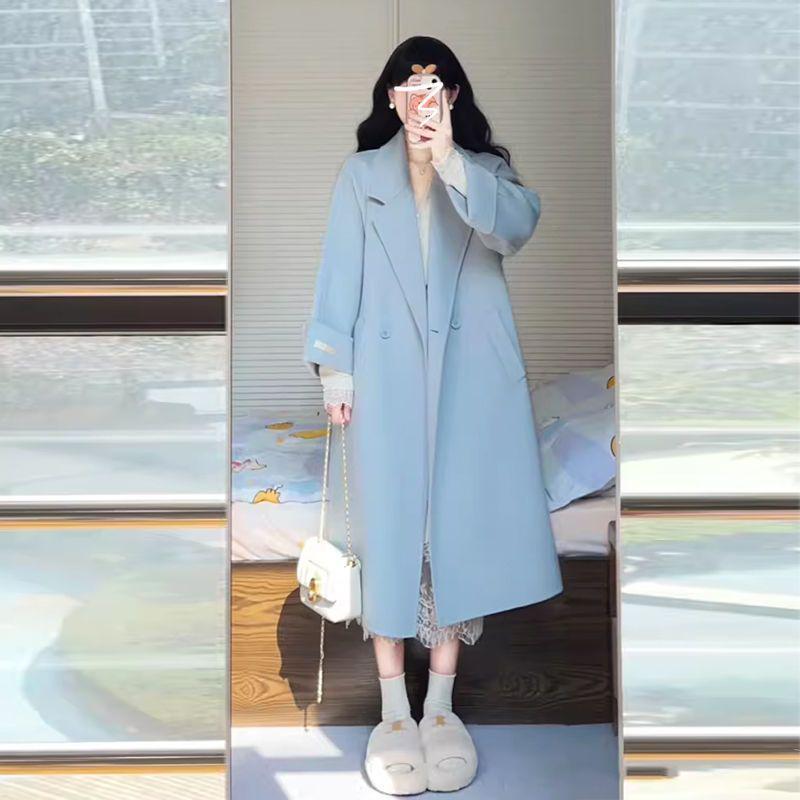 Women's Korean-Style Mid-Length Blue Wool Coat for Autumn & Winter 2025