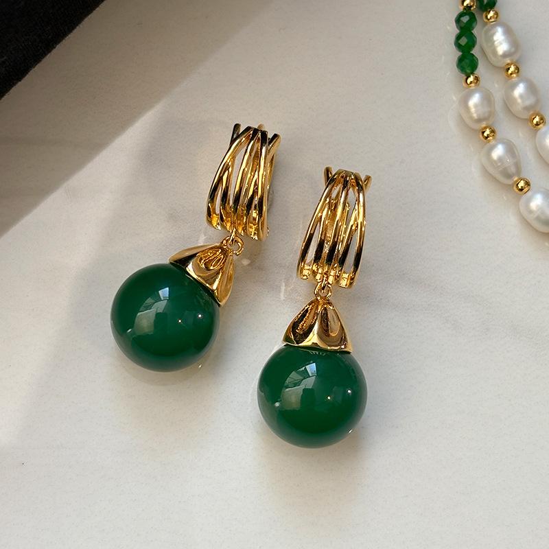 Новые китайские натуральные зеленые агатовые серьги женские ретро легкая роскошь серьги-гвоздики взрывные серьги