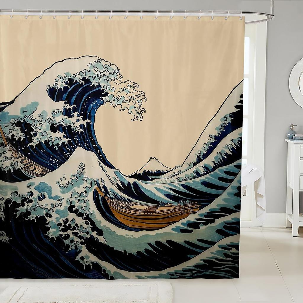Boys Girls Japanese-Style Shower Curtain Red Cherry Bath Curtain Mount Fuji Bathroom Accessories Teens Bedroom Decor