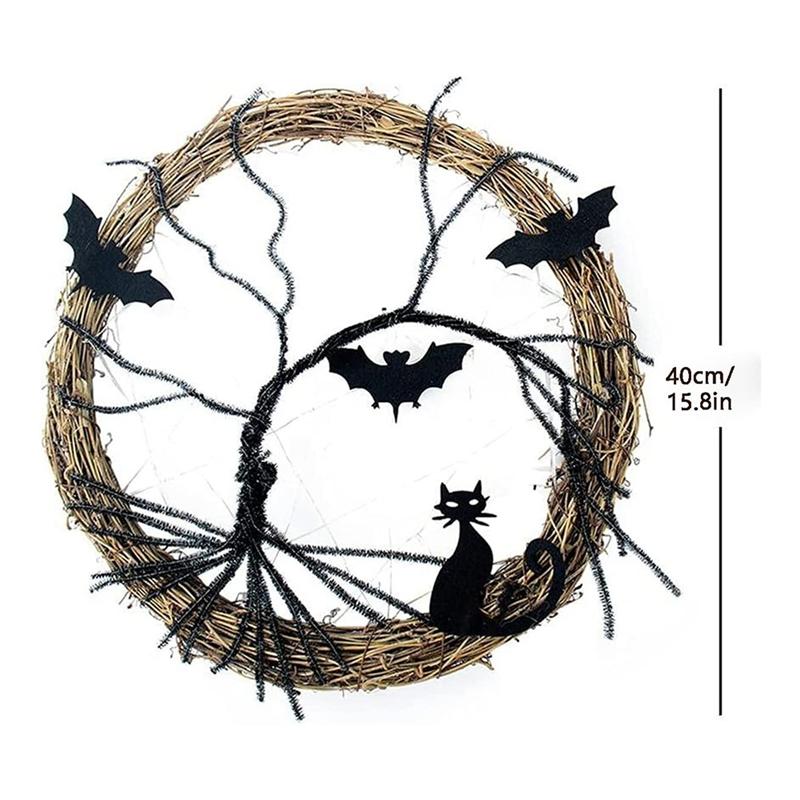 Versatile Halloween Wreaths For Front Door, 11.8Inch Lighted UP Bat And Cat Halloween Wreath With Purple LED Lights Durable