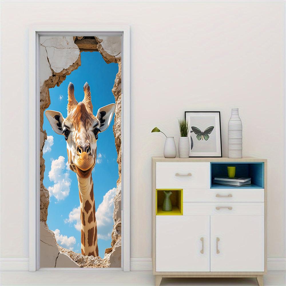 1pcs Self Adhesive Removable Vinyl Door Stickers Creative Giraffe Breaks Wall and Begins with 3D Visual Effects Home Decoration