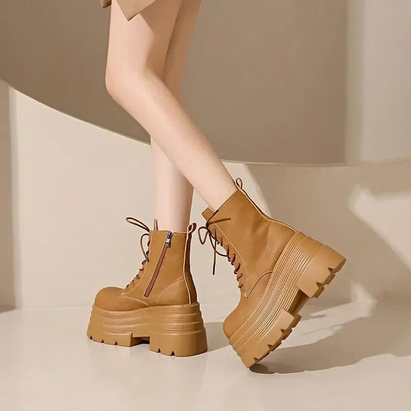 Women Boots New Winter Motorcycle Boots 10.5cm Wedge Heels High Platform Leather Chunky Shoes Woman Autumn Thick Sole Punk Boots