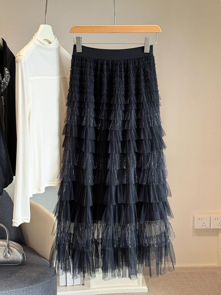 Super Fairy Mesh Patchwork Lurex A-Line Cake Skirt – 2025 Spring/Autumn Fluffy Mid-Length Tulle Skirt