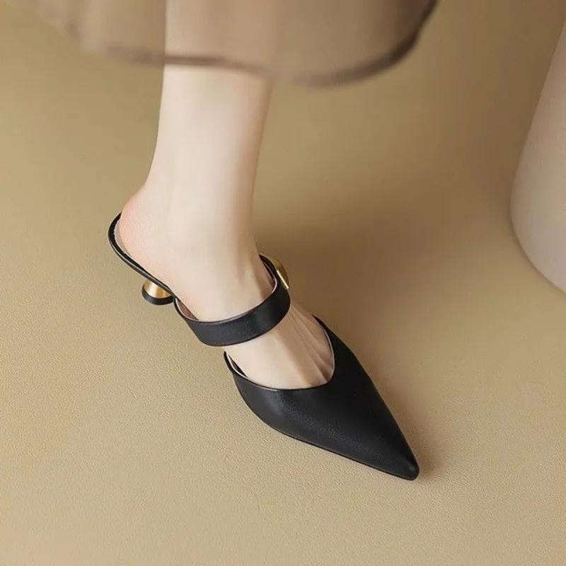 Fashion Medium Heel Slides New Style Korea Shoes for Women Easy Wears Summer Sandals 2025 Clappers Woman Mules Slippers On Promotion 39