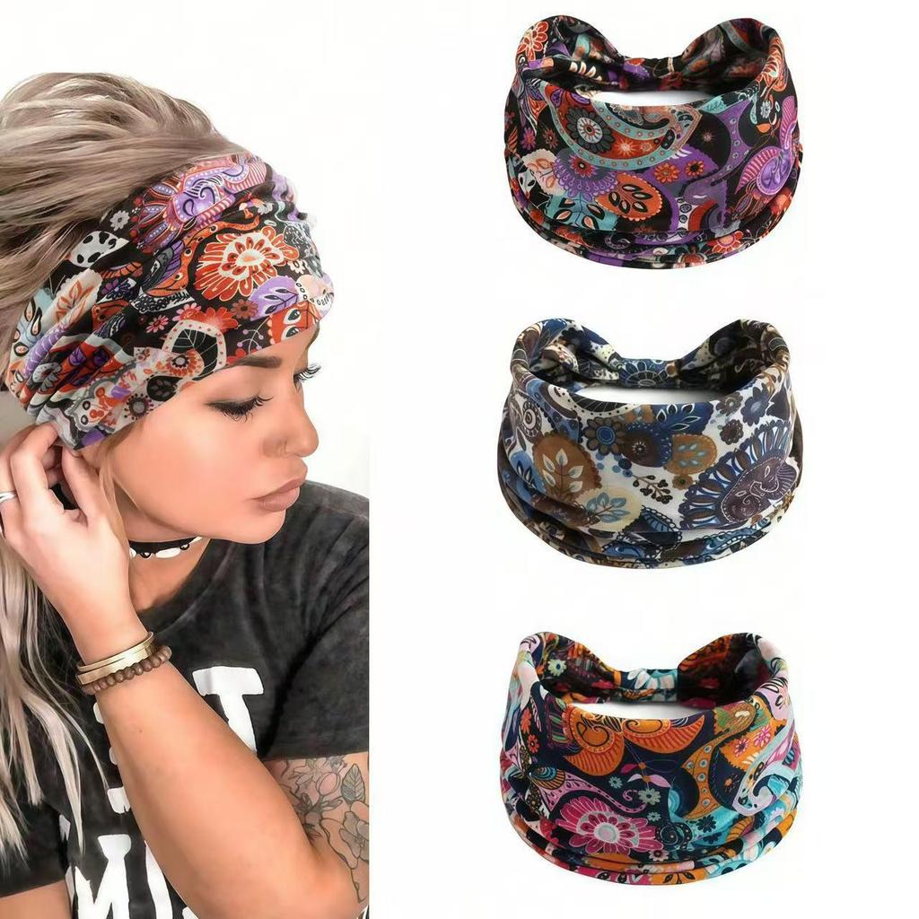 Bohemian Cashewblumen Elastisches Sport-Stirnband für Damen – Breiter Rand Haarreif zum Gesichtswaschen