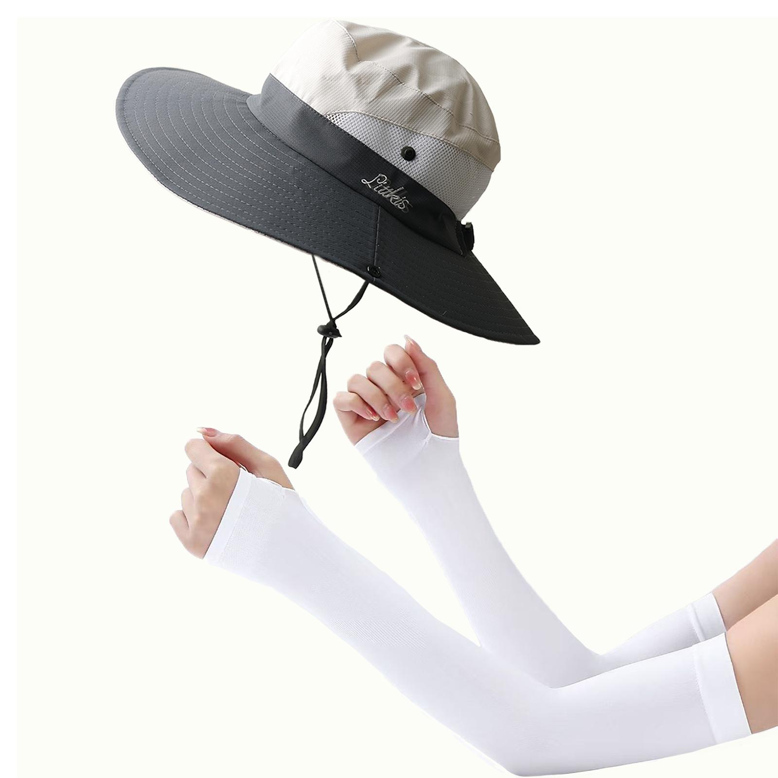 

3pcs/set Sun Hats for Women with Protective Sleeves for Arms UV Protection Wide Brim Bucket Hats Summer Ponytail Hat with Hole білий
