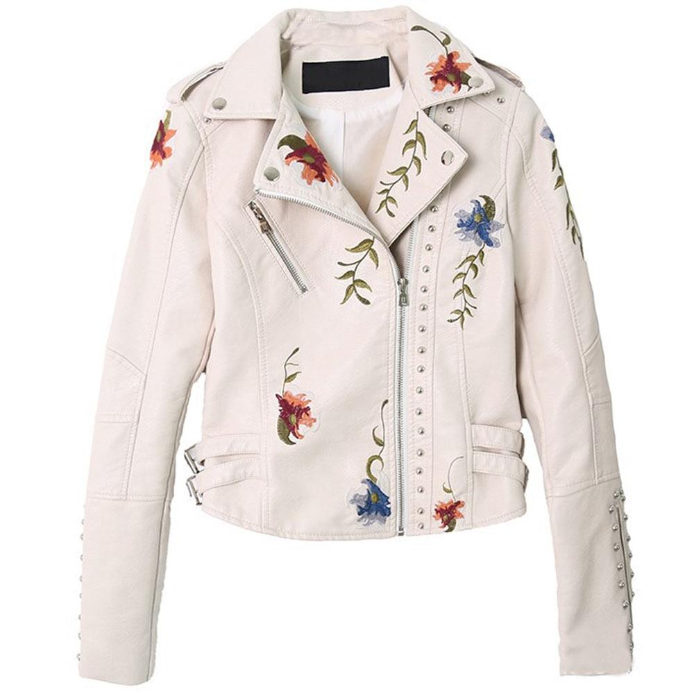 Women's Spring and Autumn Temperament Embroidered Rivets Women's Slim PU Heavy Metal Leather Short Jacket for Women