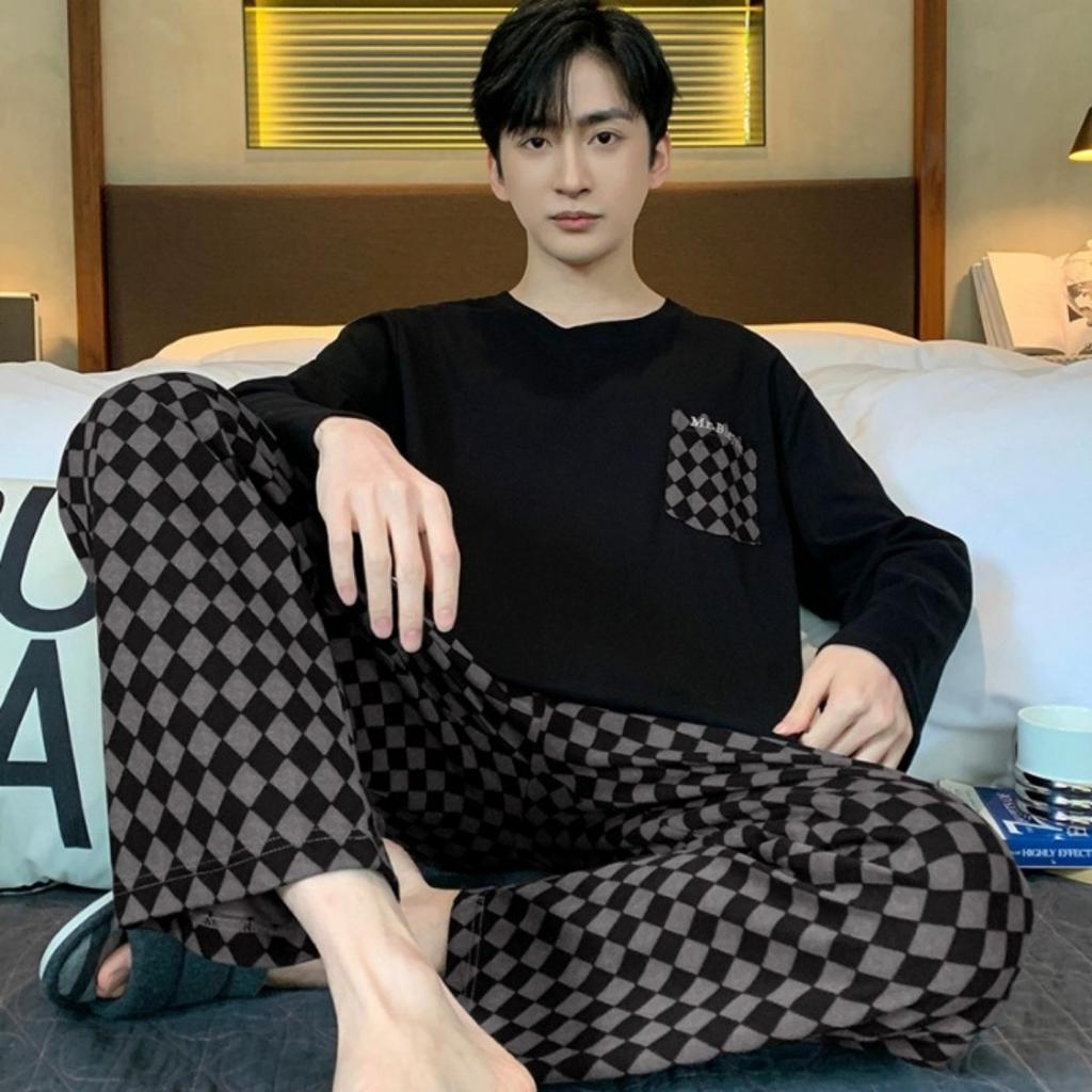 Pajamas Spring and Autumn Men's New Long Sleeve Outable Home Clothes Simple and Casual Large Set