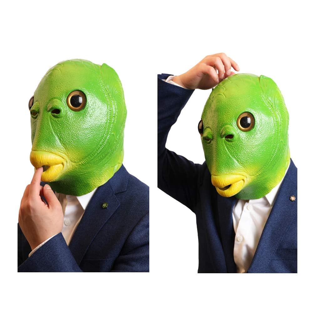 [ShuaWdk] Funny Green Fish Head Mask for Halloween, Funny Merman Mask, Animal Mask, Headgear, Disguise, Monster, Cosplay, Realistic Rubber Green Head