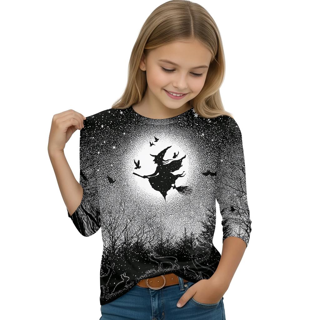 Kids Halloween Printed T-Shirt with Pumpkin Witch Design, 7/8 Sleeve Round Neck Top for Daily Wear