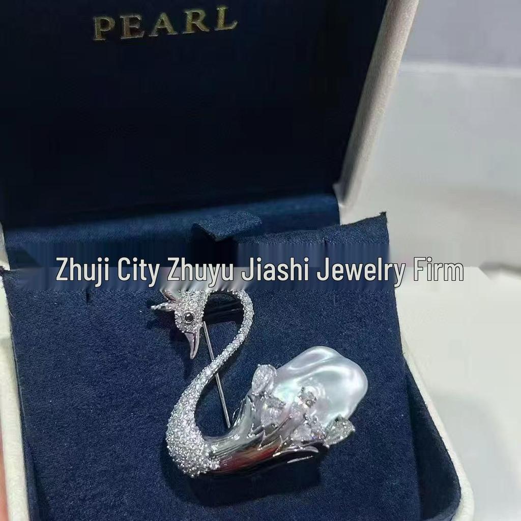 Baroque Swan Brooch: Gold & Silver Pin with Irregular Pearl, Corsage Setting - Women's Ornament Accessory