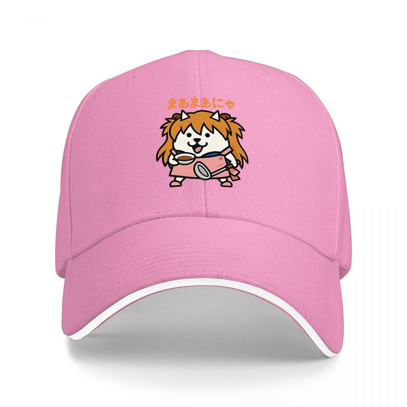 Mamamia Cat Anime Character Black Baseball Cap with Cute Dog Design and Japanese Text for Fans of Kawaii Culture and Pop Art