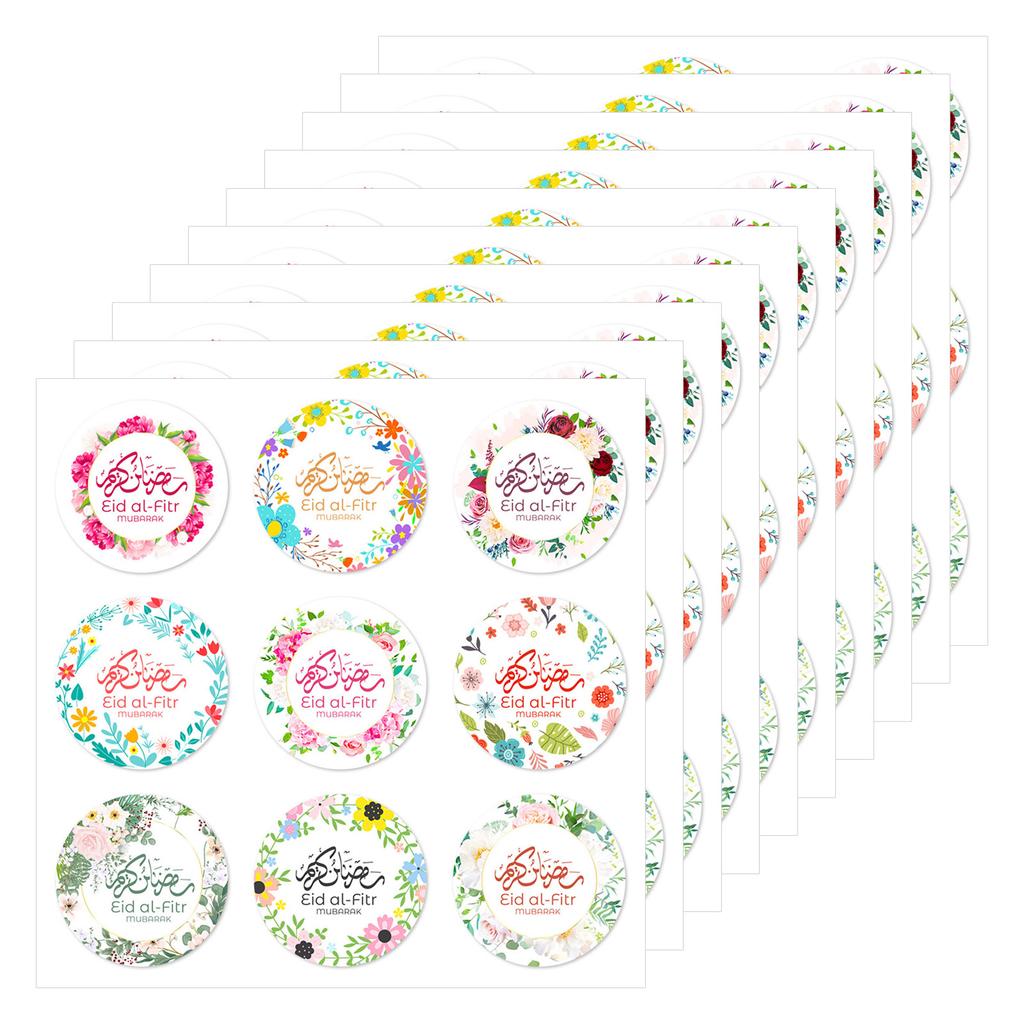 90Counts Eid Mubarak Sticker 4cm Round Wrapping Label Flower Wrapping Sticker for Seal Envelope Card Candy Bag Packaging