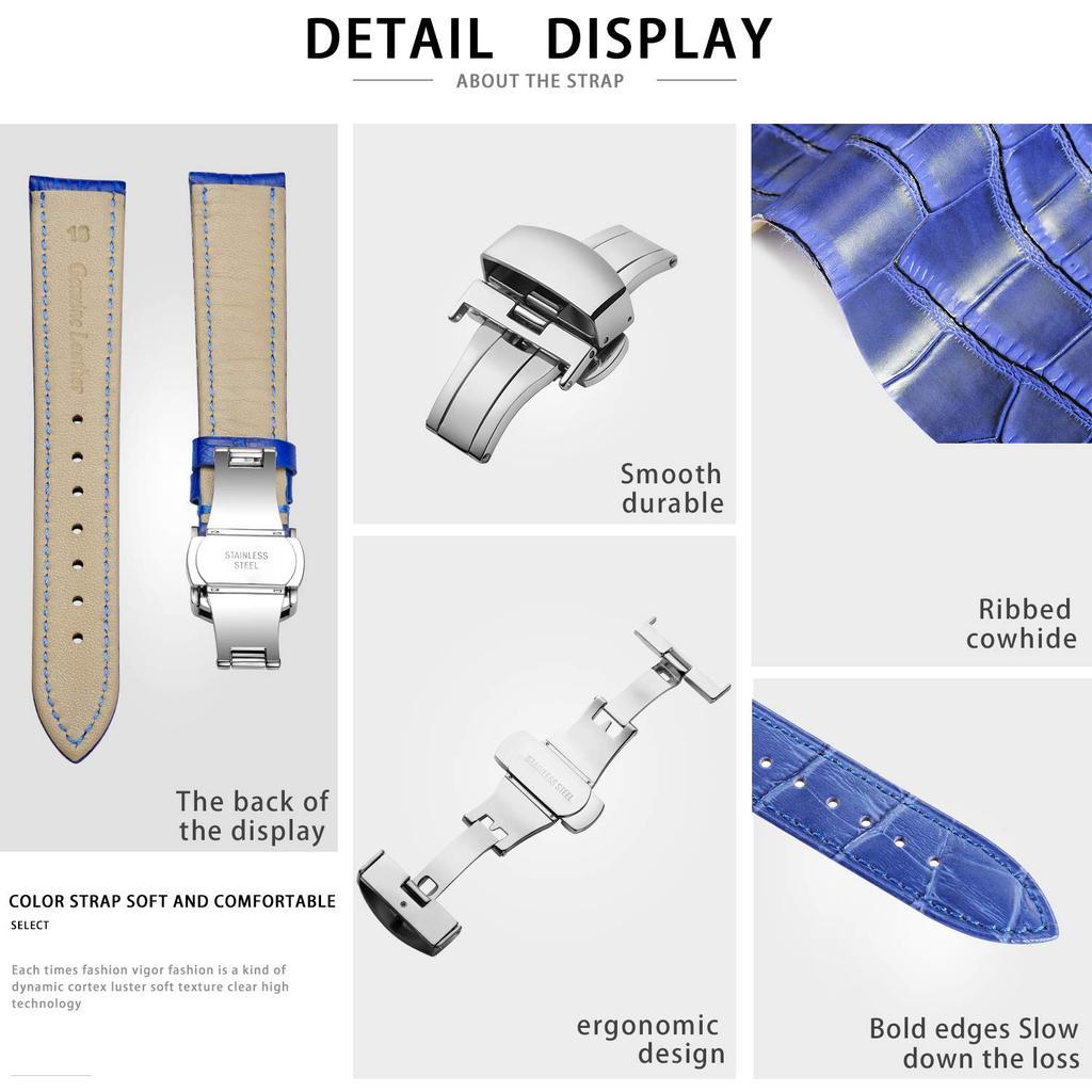 Watch Genuine Leather Replacement Genuine Natural Leather Calf 10 12 Sizes 3 Buckle Colors [BINLUN] Band, Band, Leather, Pattern, Leather, Unisex,