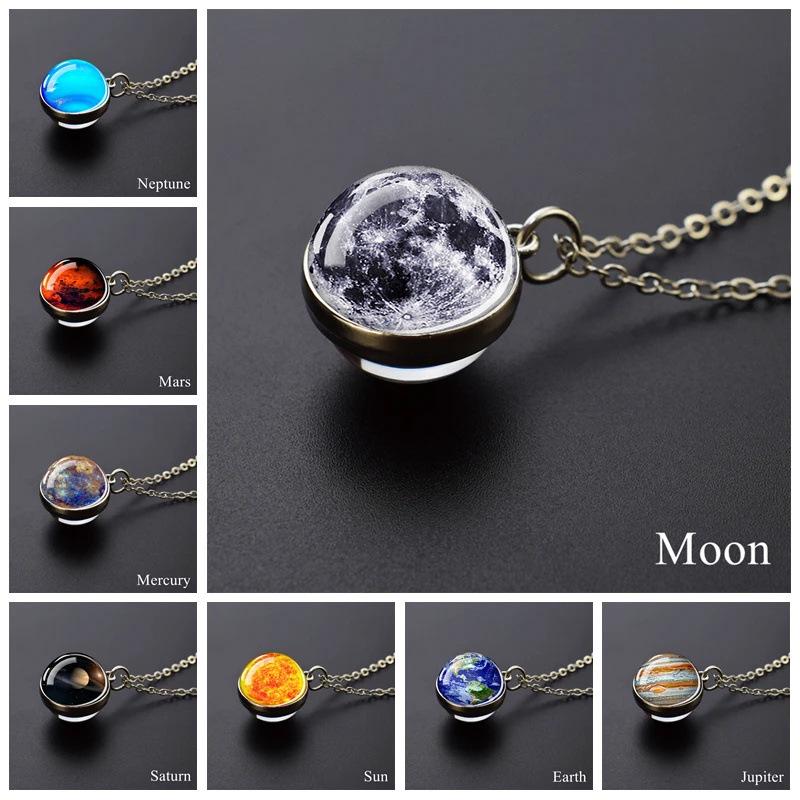Galaxy Necklace: Solar System Planets & Moon Spherical Crystal Pendant