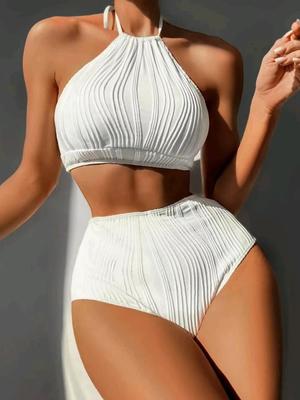 2025 żebrowany zestaw bikini push up z wysokim stanem i wiązaniem na szyi dla kobiet letni 2-częściowy strój kąpielowy na plażę