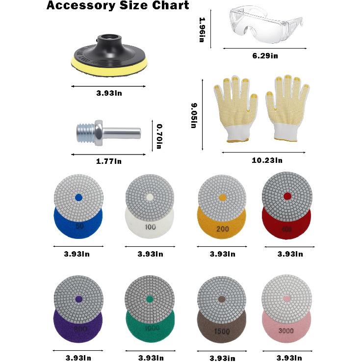 4 Inch Diamond Polishing Pads Kit, 14 Pcs Granite Polishing Pads 50#-3000# Pads with Metal Rods, for Granite, Concrete, Marble, Stone, Tiles, with