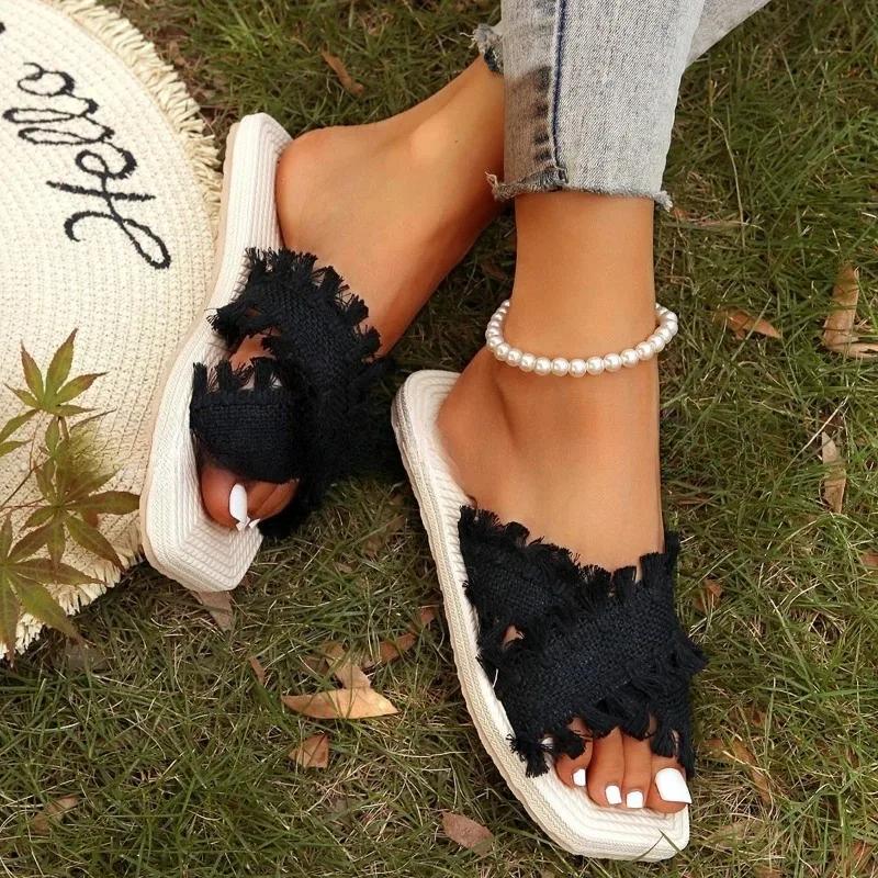 Summer Women Shoes New Bohemian Slippers for Women In Summer Comfortable Beach Sandals with Tassel Open Toe Flat Bottom Sandals