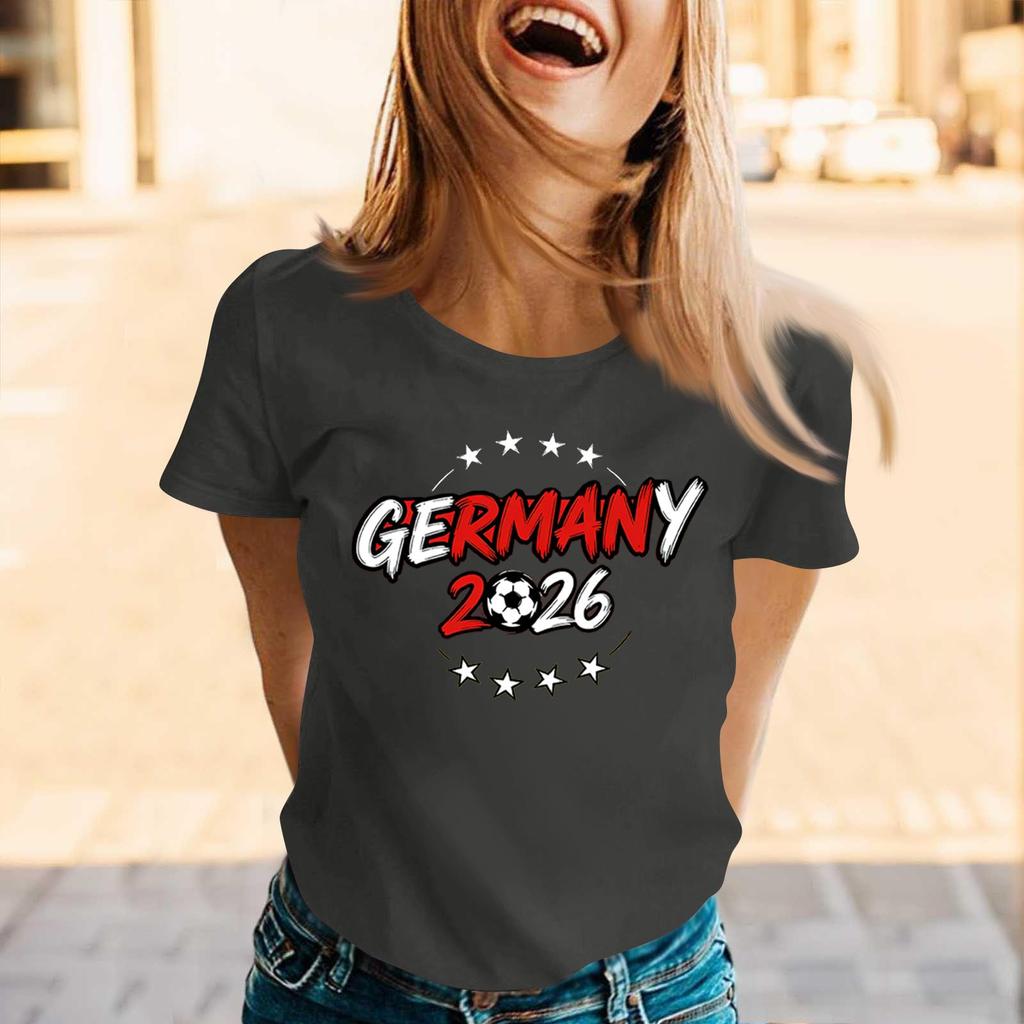 Womens Crew Neck Short Sleeve Pullover T Shirt with Letter Print Germany 2026 Graphic Casual Loose Fit Top for Supporters