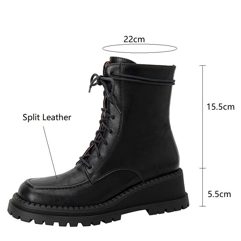 Mode Neue Keilabsatz-Plateau-Stiefel aus Spaltleder Damenstiefel Runde Zehen Lammfell Kurze Stiefel für Damen Hohe Absätze Winter Kniehohe Stiefel Damen