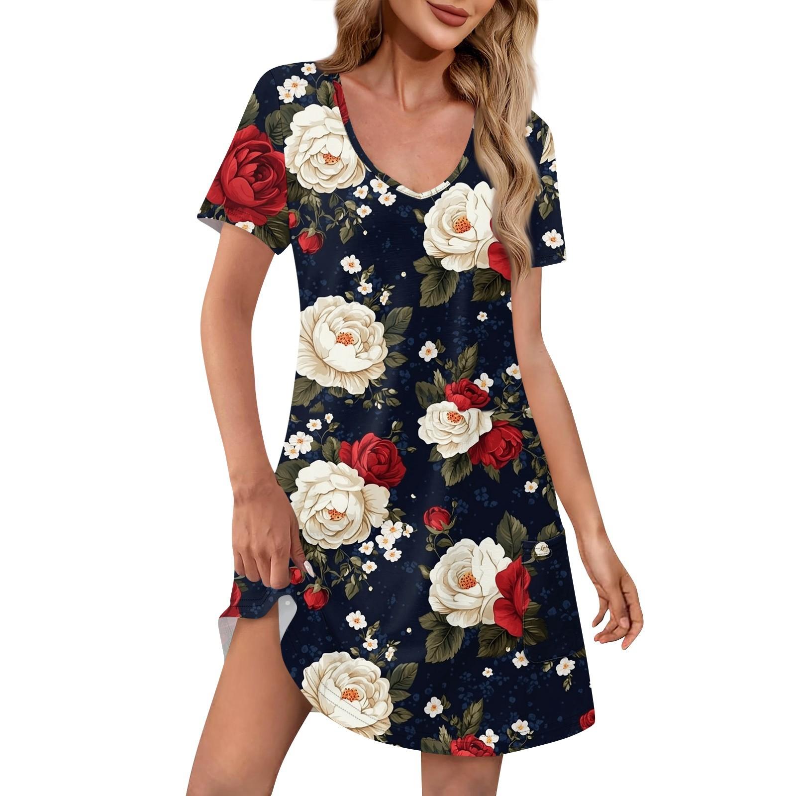 Women s Floral Print V Neck Loose Fit Short Sleeve Pullover Dress Casual Summer Tunic Dress XL
