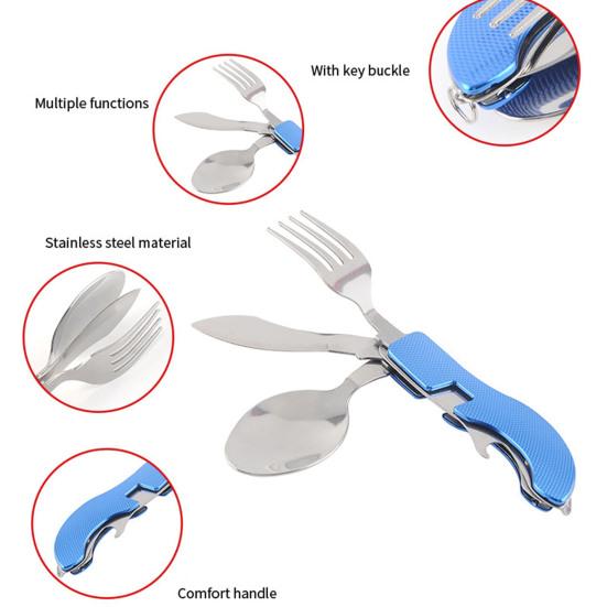 Camping Utensil with Key Ring 4-in-1 Stainless Steel Spoon Knife Fork Bottle Opener