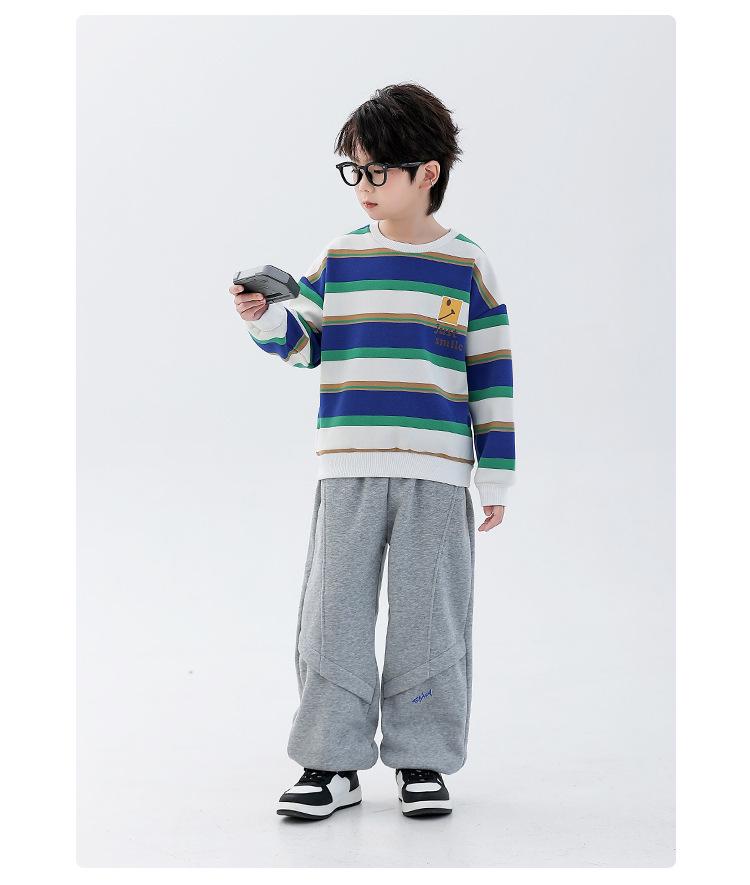 Boys' Fleece-Lined Striped Crewneck Hoodie - 2025 Autumn/Winter, Thick Long-Sleeve, Fashionable for Older Children