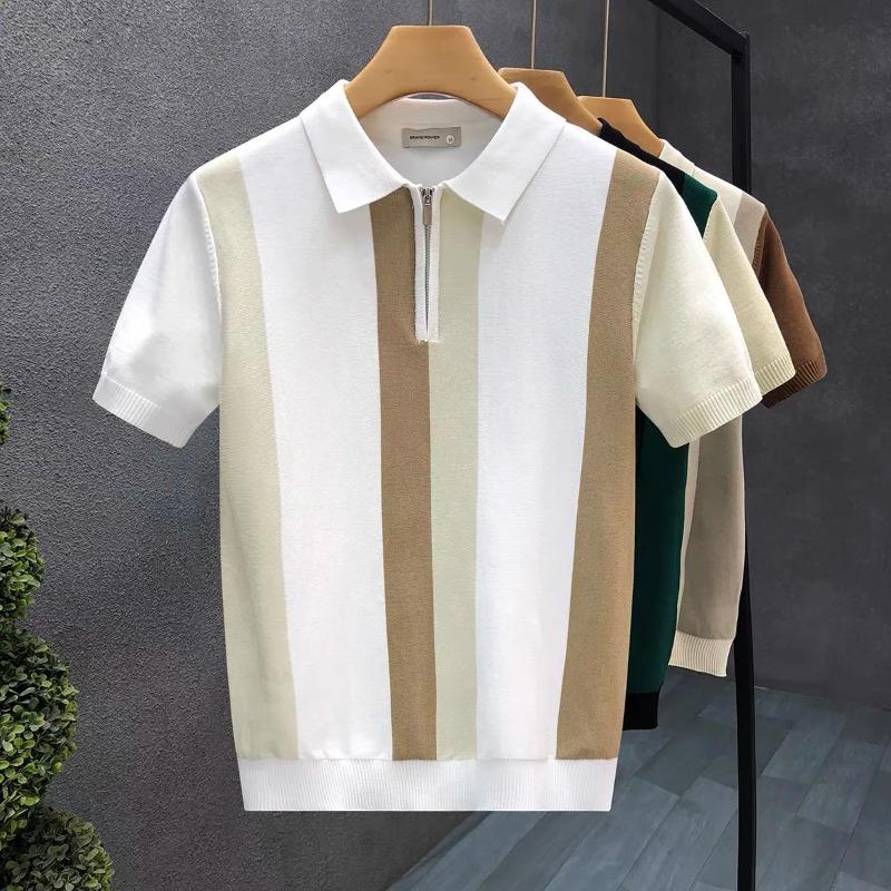 Half Zip Western-style Ice Silk Thin Short Sleeved Sweater Men Summer Cool Knit T-shirt Men Mens Polo Shirt