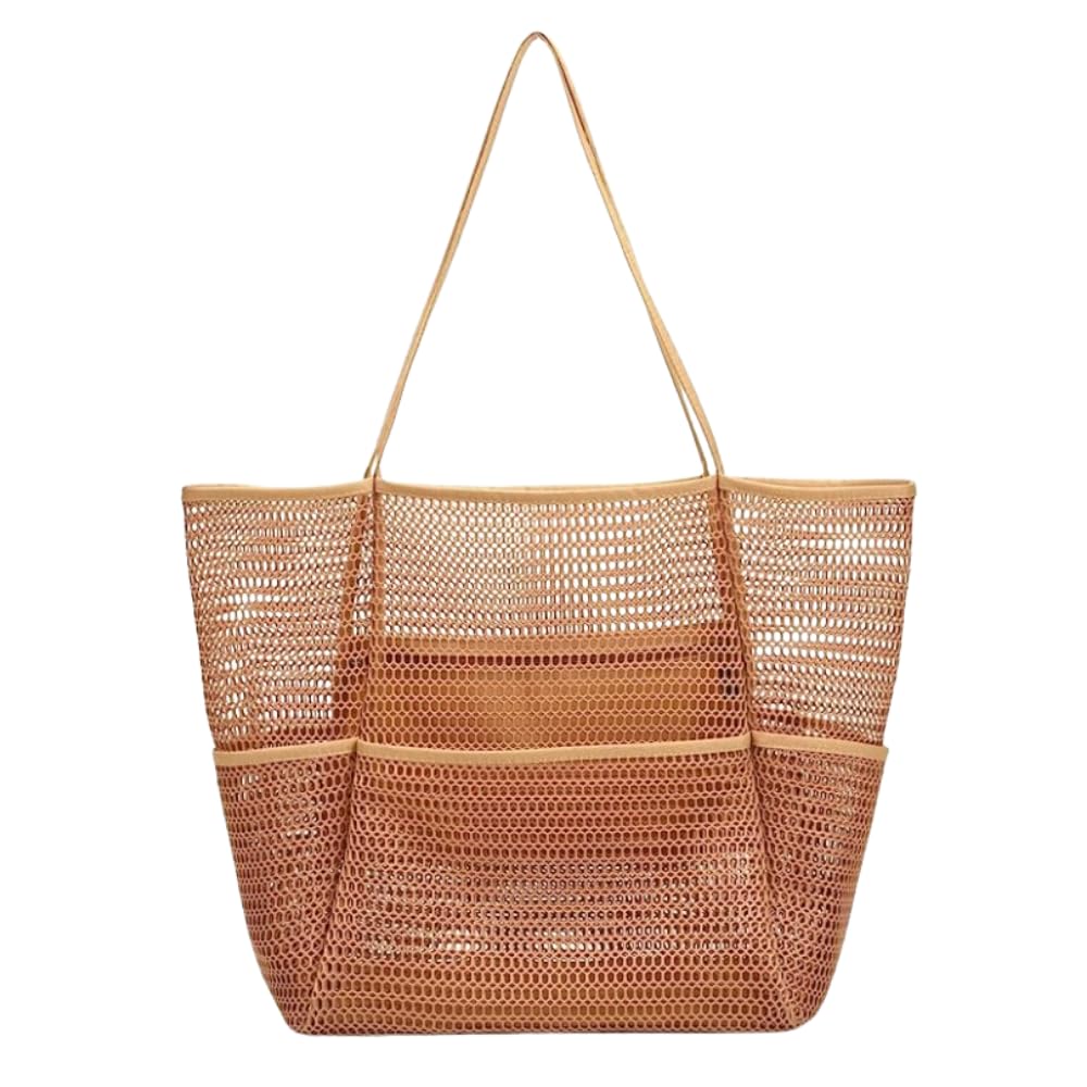 

[ideamall] Mesh Beach Bag, Large Capacity, Perfect for Pools, Beaches, and Hot Springs, Stylish Brown Tote