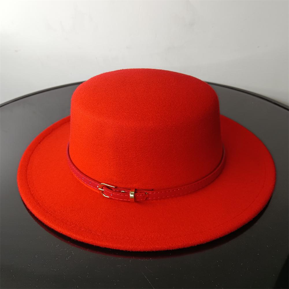 Flat Top Color Belt Tweed Women's Cap Panama Jazz Hat British Style Autumn and Winter Travel Outing Wide-brimmed Hat Wholesale
