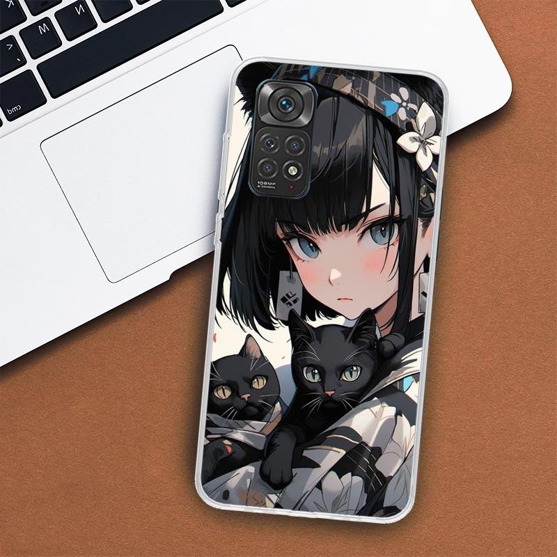 Anime Girls Cute Black Cat Phone Case For Xiaomi Redmi Note 12 12S 11 11S 10 10S 9 9S 11T 11E Pro Plus 8 8T 7 5 9T + Coque Cover