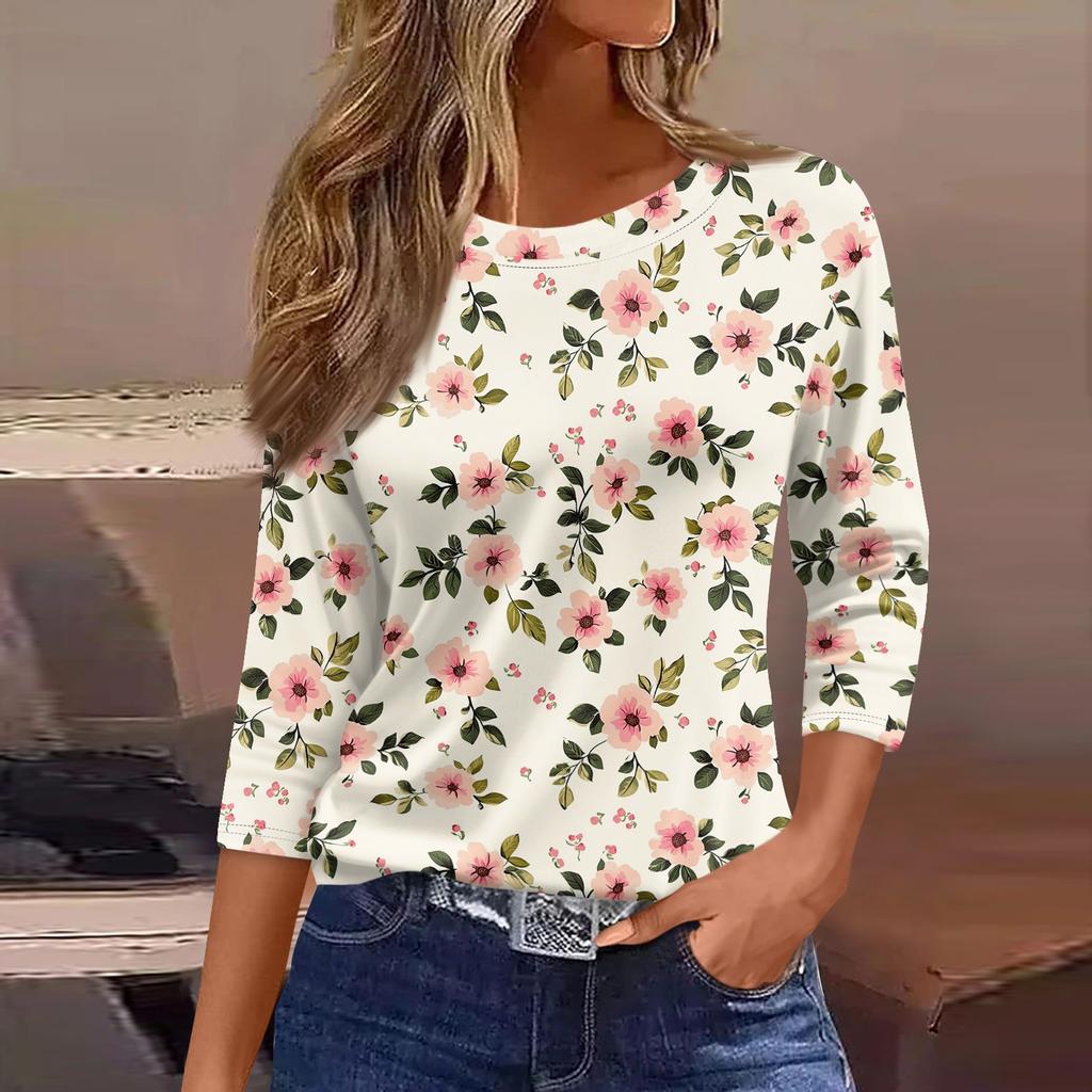 Women's Three-Quarter Sleeve Shirt, Round Neck, Loose Fit, Casual Shirt, Floral Print T-Shirt, Summer