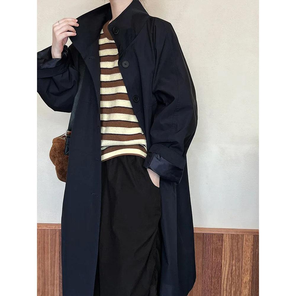 Fashion Trench Coat European Style Stand Up Collar Single Breasted Loose Long Casual Jacket Women Spring Autumn