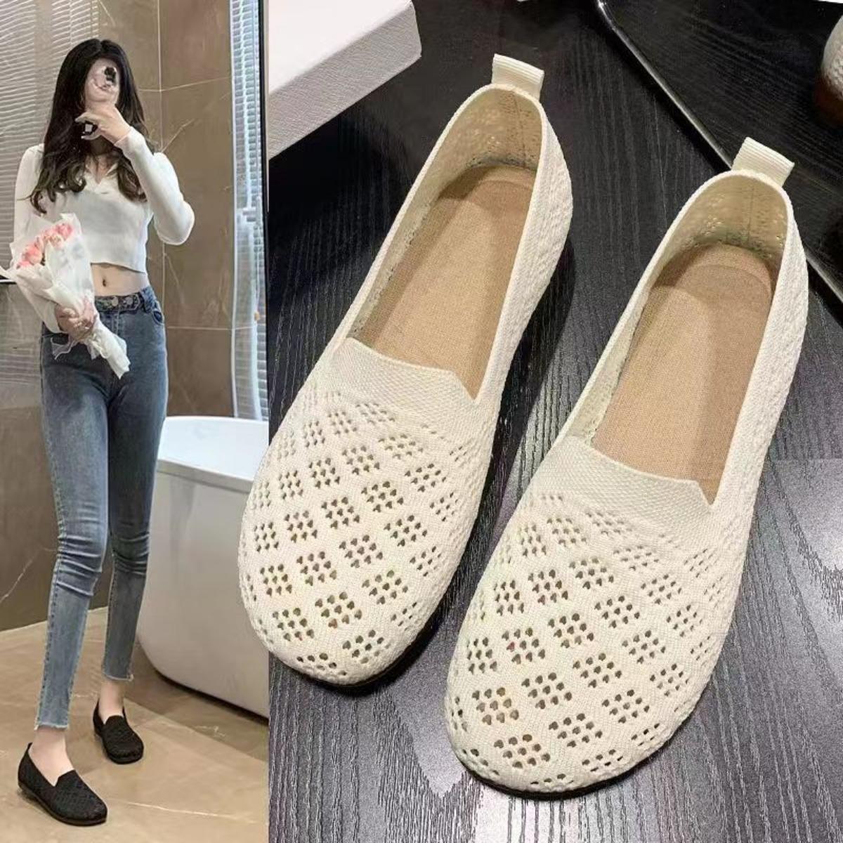 

Summer New Soft Sole Soft Surface Fashionable Casual Mesh Fly Woven Breathable Bean Shoes Hollow Shallow Mouth Flat Sole Single Shoe for Women 41 бежевий