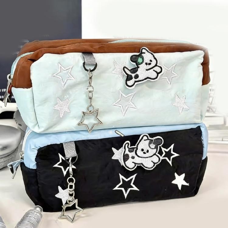 Embroidery Star Dog Pencil Bag High Capacity Polyester Fabric Pencil Case Travel Makeup Storage Bag for Student Women