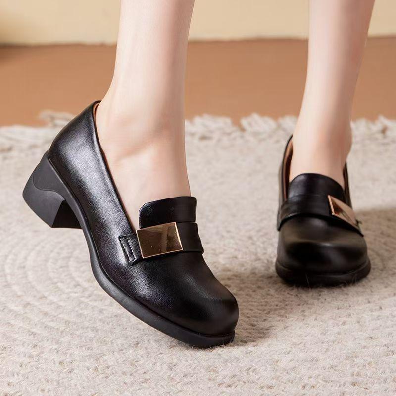 

Women Real Leather Block Heel Shallow Nude Shoes Soft Sole Round Toe Slip On Spring Autumn New Lightweight High Heel Loafers 34 чорний