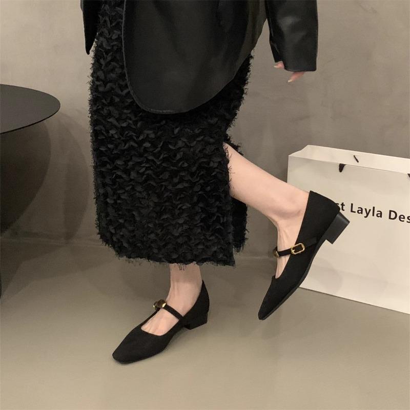 Women's Coarse Heel Shoes Spring New Square Head Shallow Mouth Suede Metal Buckle Anti-slip Wear-resistant Low-top Shoes