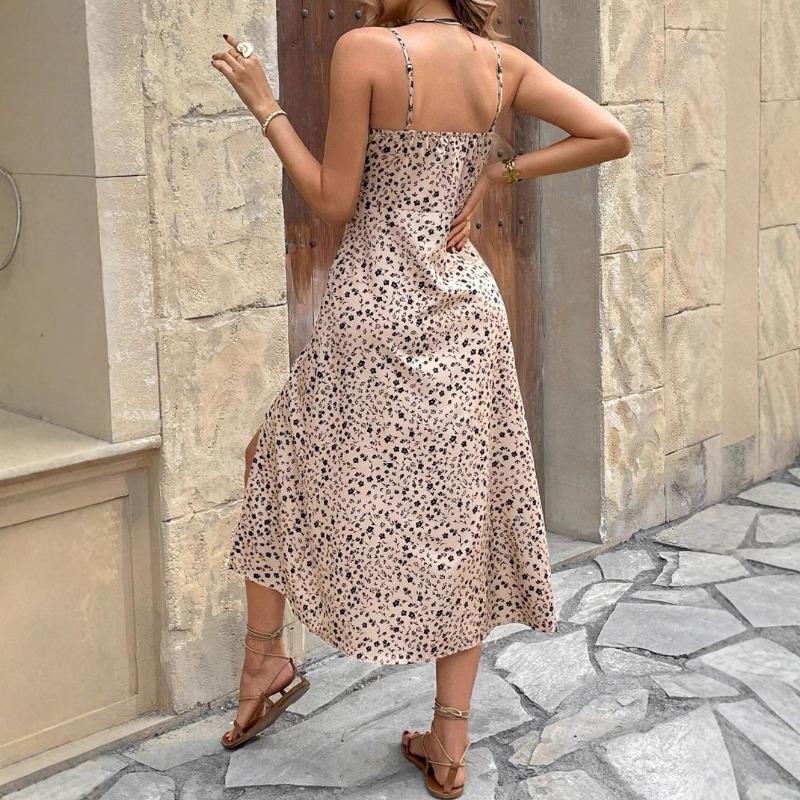 Women Floral Spaghetti Straps Waist Tie Split Dresses