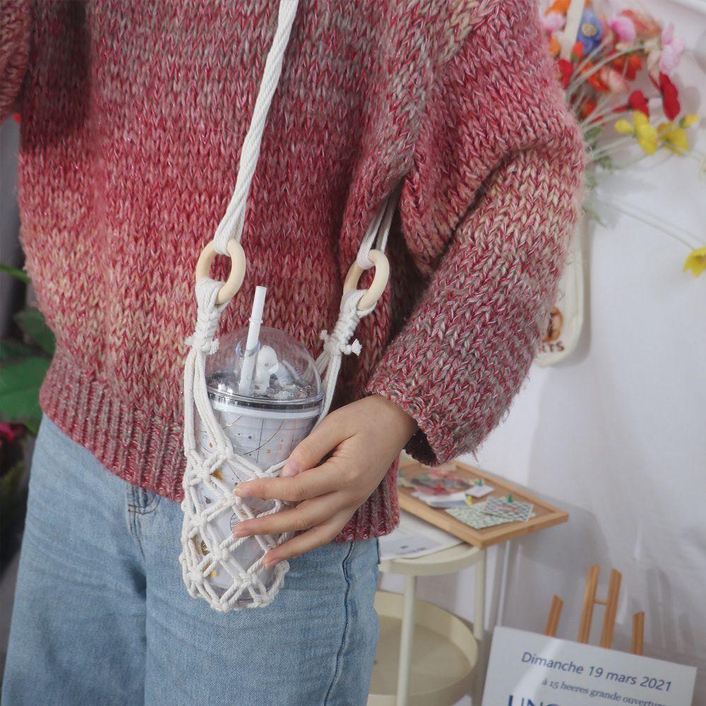 Hand-woven Hanging Bottle Net Bag Hollow Out Coffee Cup Holder Knitting Water Bottle Holder Hiking