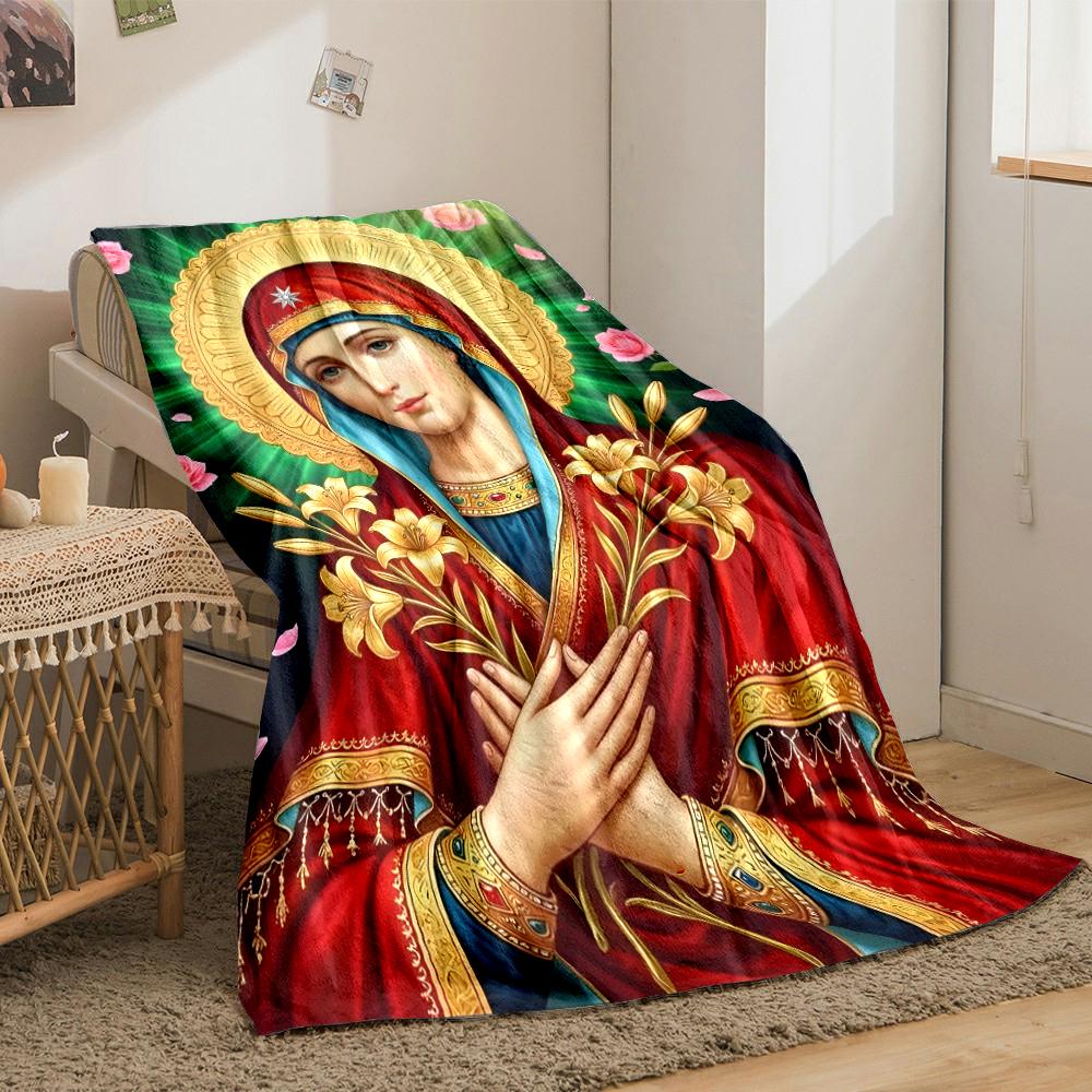 Religious Icon with Flowers and HaloFlannel Blanket for Bedroom, Living Room, Sofa, and Nap
