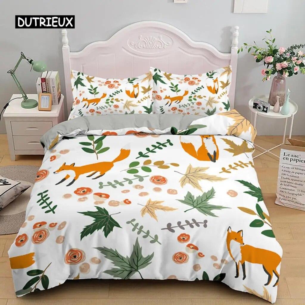 Cartoon Fox King Queen Duvet Cover Lovely Orange Animal Floral Bedding Set Kids Girls Flowers Plant 2/3pcs Polyester Quilt Cover Three Piece Set