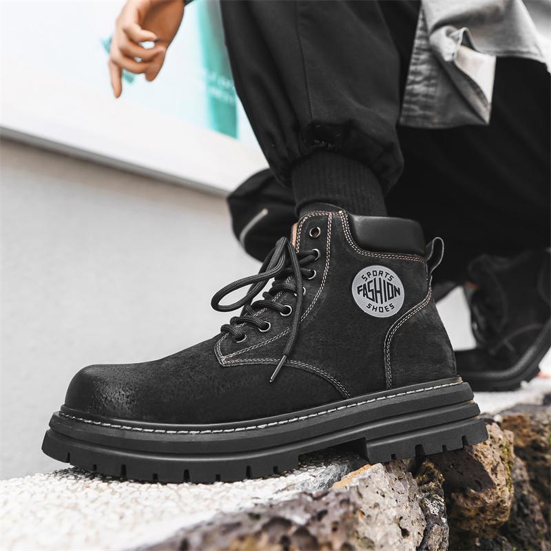 FashionMen Motorcycle Leather Boots Lace Up British Style High Top Shoes Walking Casual Platform Plush Warm Winter Boots Bota Masculina