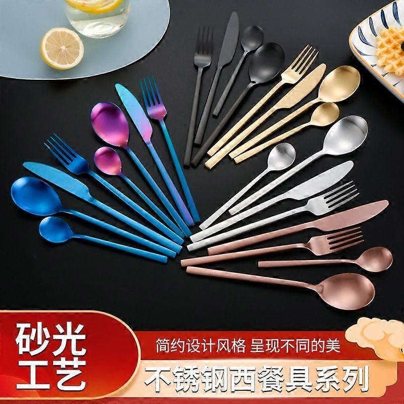Silver-4-delars rostfritt stål Koreansk fyrkantigt handtag matt borstat kniv, gaffel och skedset Västerländsk biffkniv, gaffel och dessertsked fyradelars